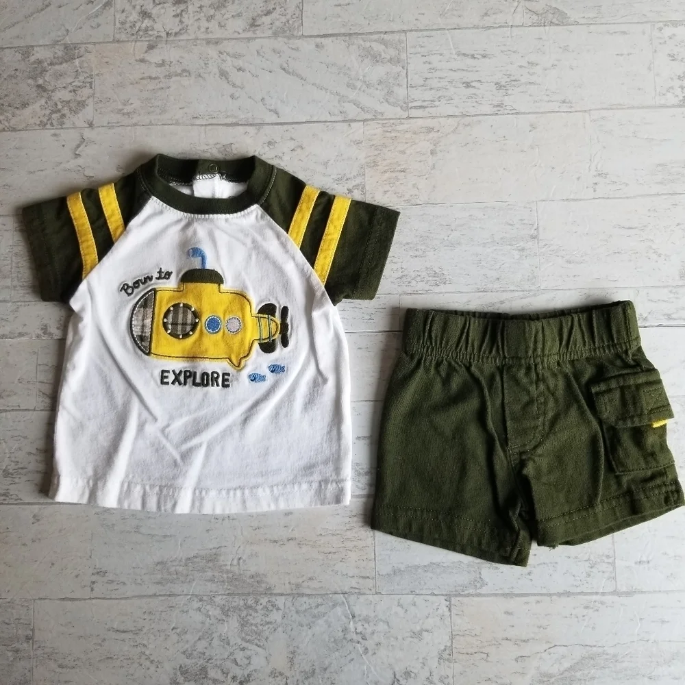 Born to Explore Carter's 3 mo olive green and yellow short/shirt set